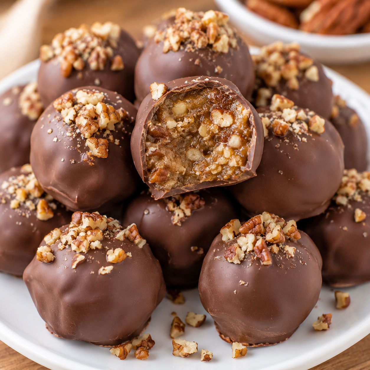 Chocolate pecan pie balls with chopped pecans and a golden nutty center
