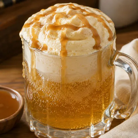 Golden butterbeer in a glass mug with butterscotch whipped cream