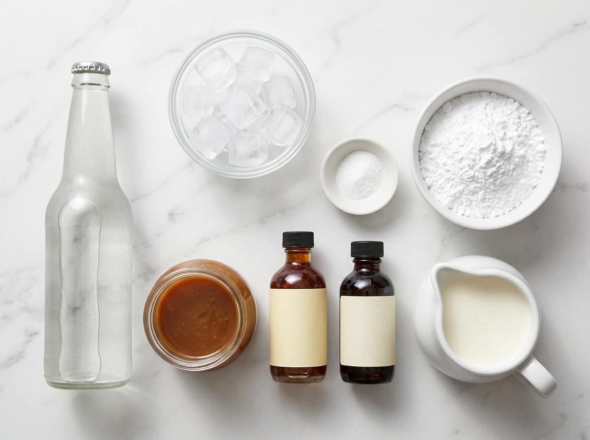 Ingredients for butterbeer with cream soda, butterscotch, and cream