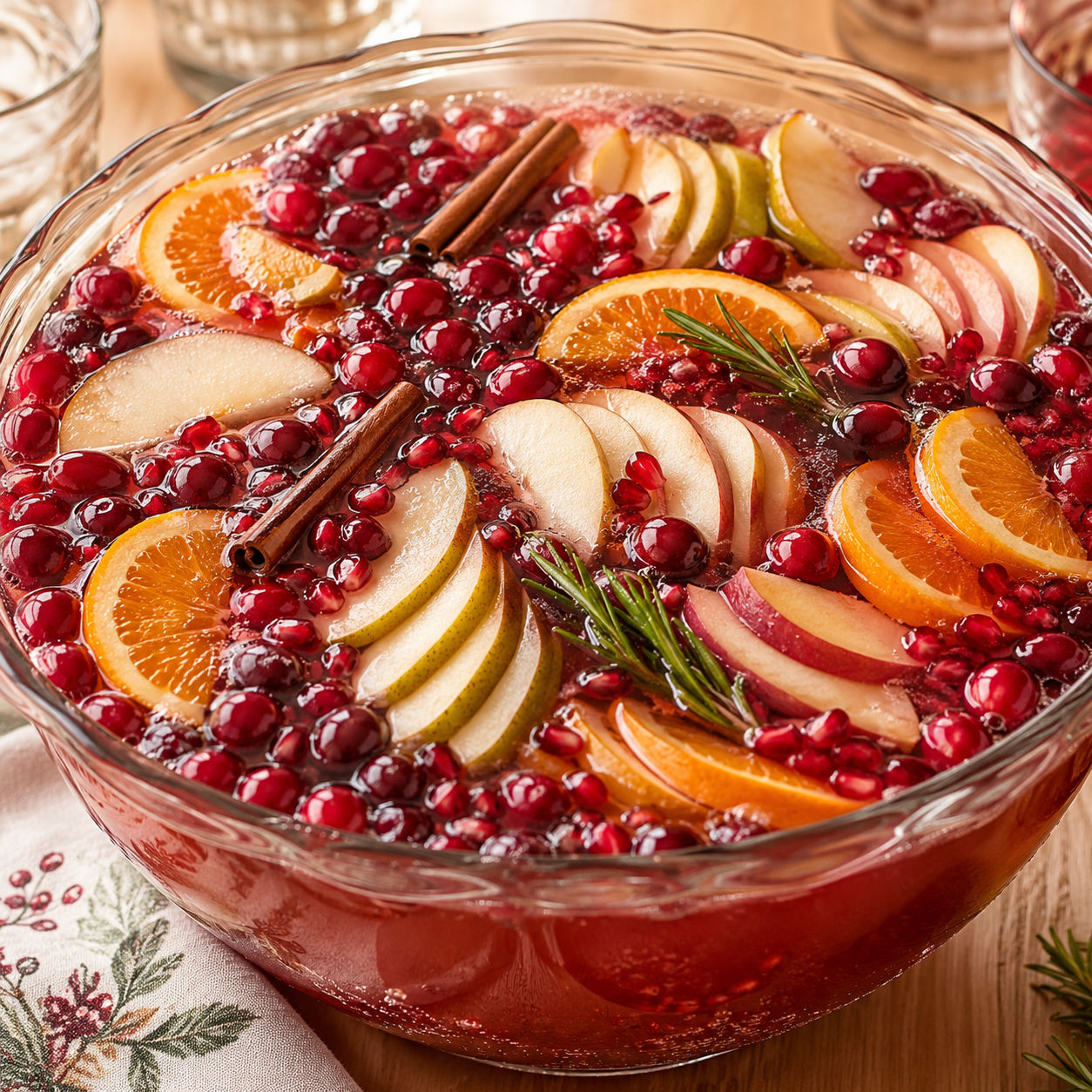 Thanksgiving punch with cranberries, citrus, apples, pears, and cinnamon