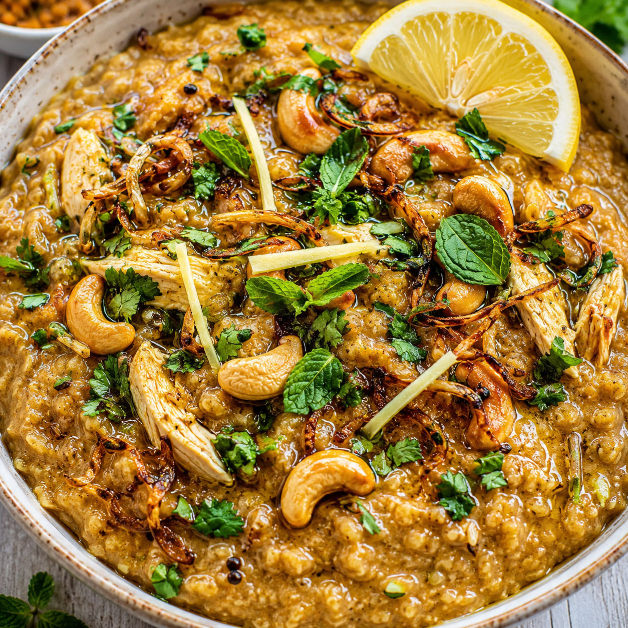Easy oats haleem with fried onions, herbs, cashews, and lemon