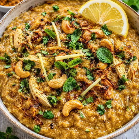 Easy oats haleem with fried onions, herbs, cashews, and lemon