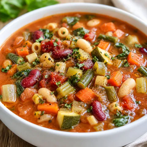 Olive Garden minestrone soup with beans, pasta, vegetables, and parsley