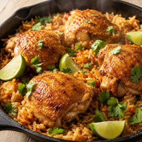 One pan chili lime chicken thighs over cilantro-lime rice in a skillet