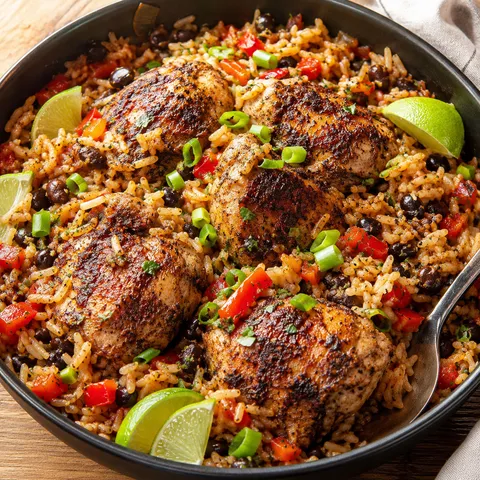 Jerk chicken and coconut rice with black beans, scallions, and lime