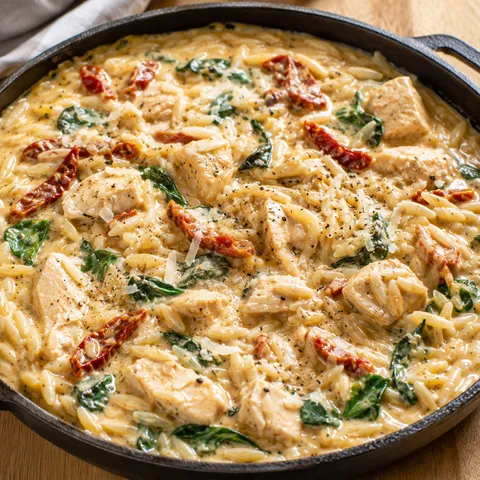 Creamy marry me chicken orzo with spinach and sun-dried tomatoes in a skillet