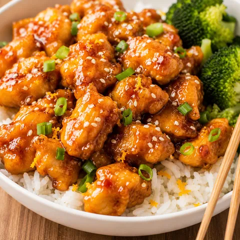 Orange chicken over rice with green onions and sesame seeds