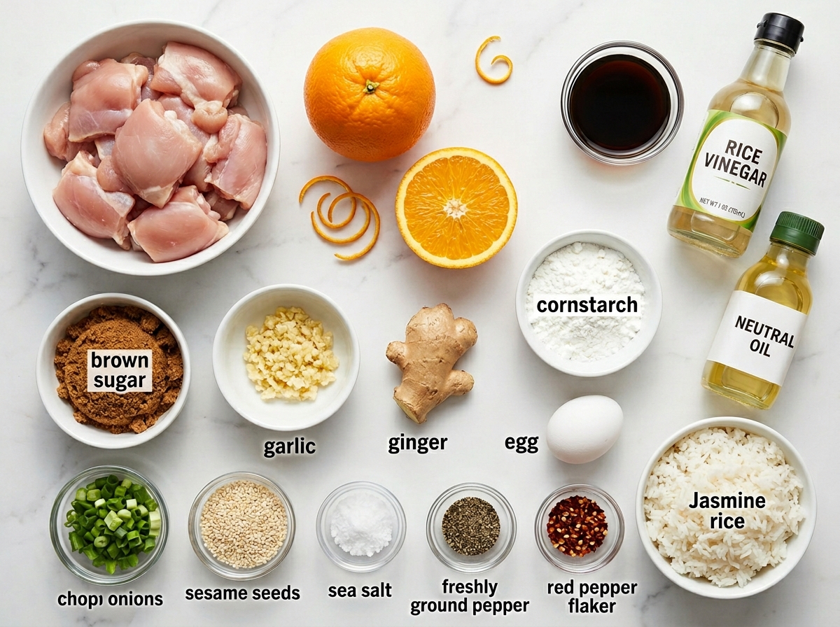 Ingredients for orange chicken with orange, chicken, soy sauce, ginger, and rice