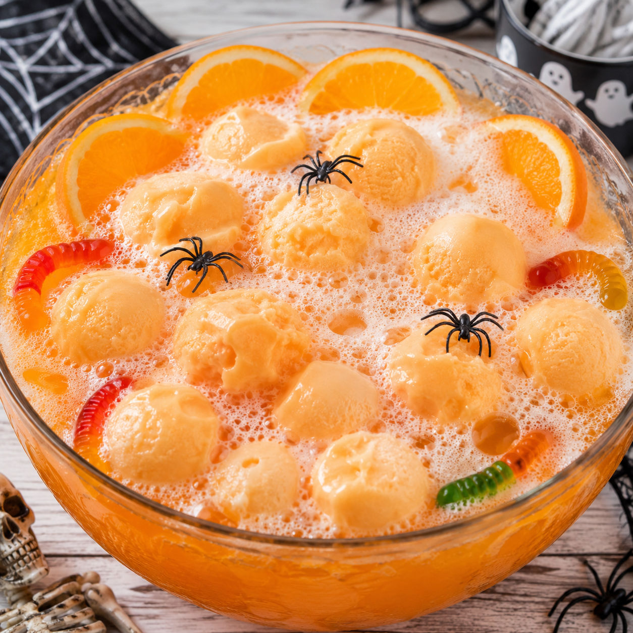 Orange Halloween punch with sherbet scoops, foam, orange slices, and gummy worms