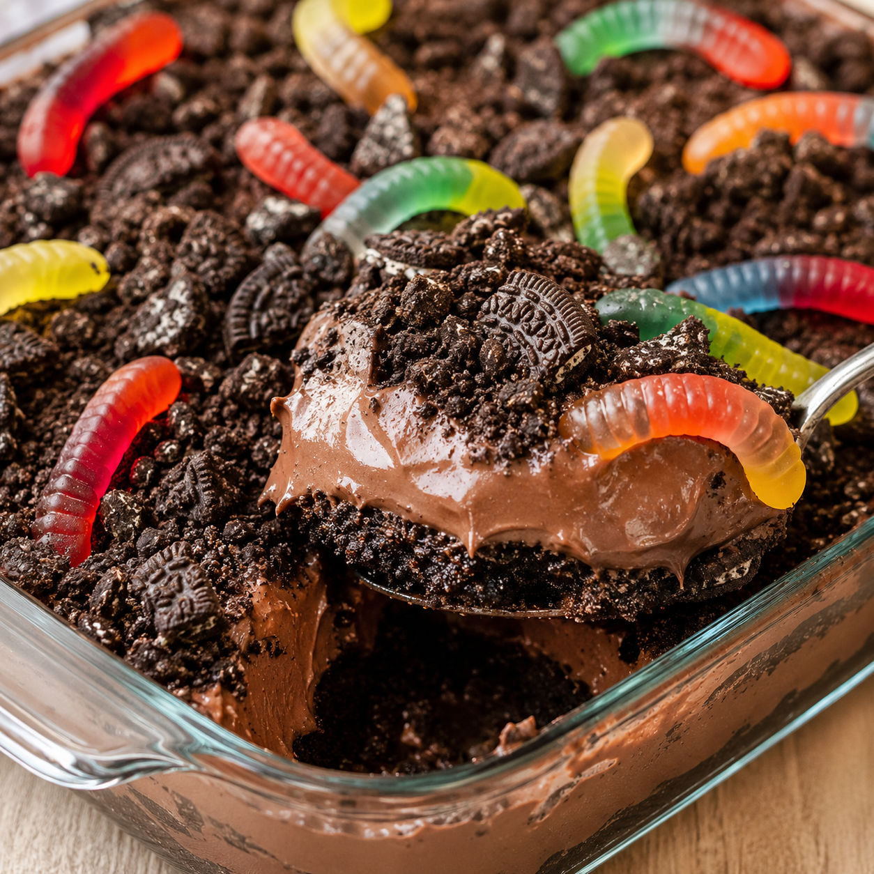 Oreo dirt cake with chocolate pudding, cookie crumbs, and gummy worms