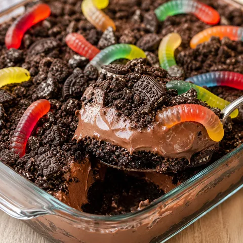 Oreo dirt cake with chocolate pudding, cookie crumbs, and gummy worms