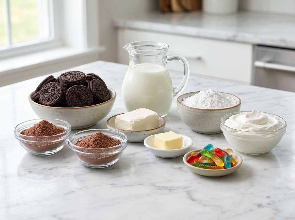 Ingredients for Oreo dirt cake with pudding, cream cheese, and gummy worms