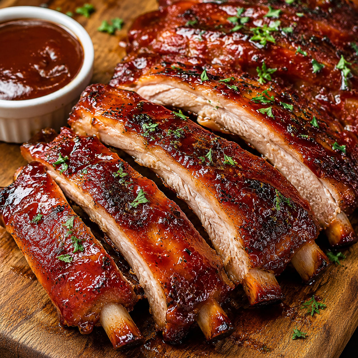 Sticky oven-baked baby back ribs sliced on a wooden board