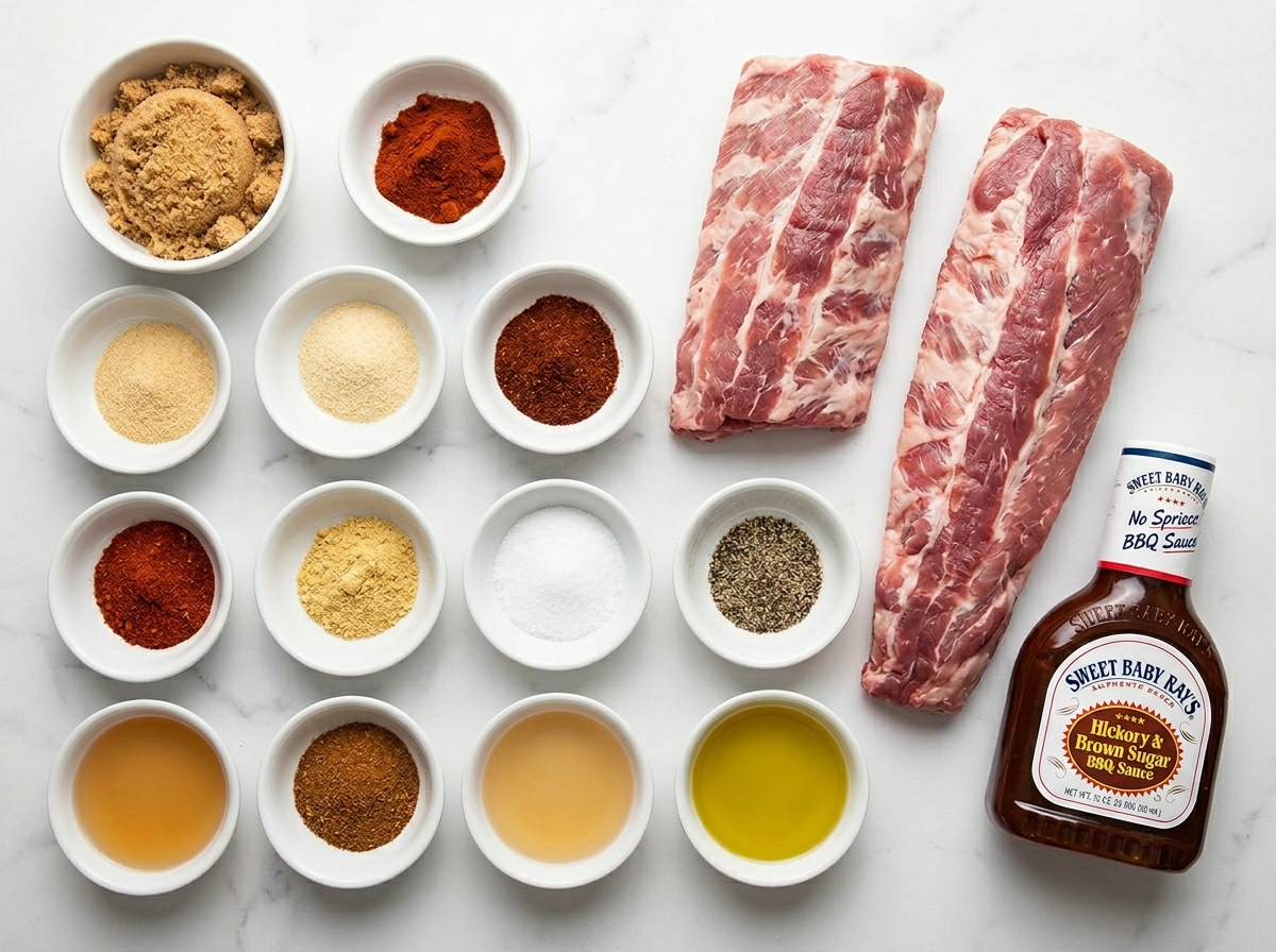 Raw baby back ribs with spices, vinegar, oil, and barbecue sauce