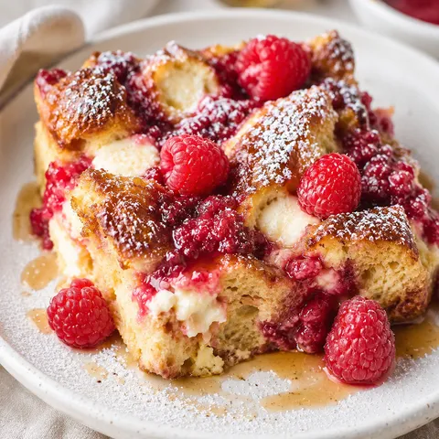Raspberry cheesecake French toast casserole with powdered sugar and berries