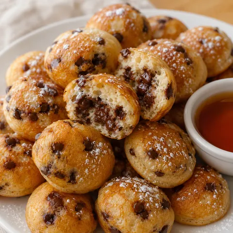 Mini pancake poppers with chocolate chips and maple syrup on a plate