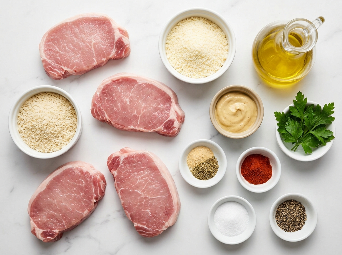 Raw pork chops, Parmesan, panko, mustard, herbs, and seasonings