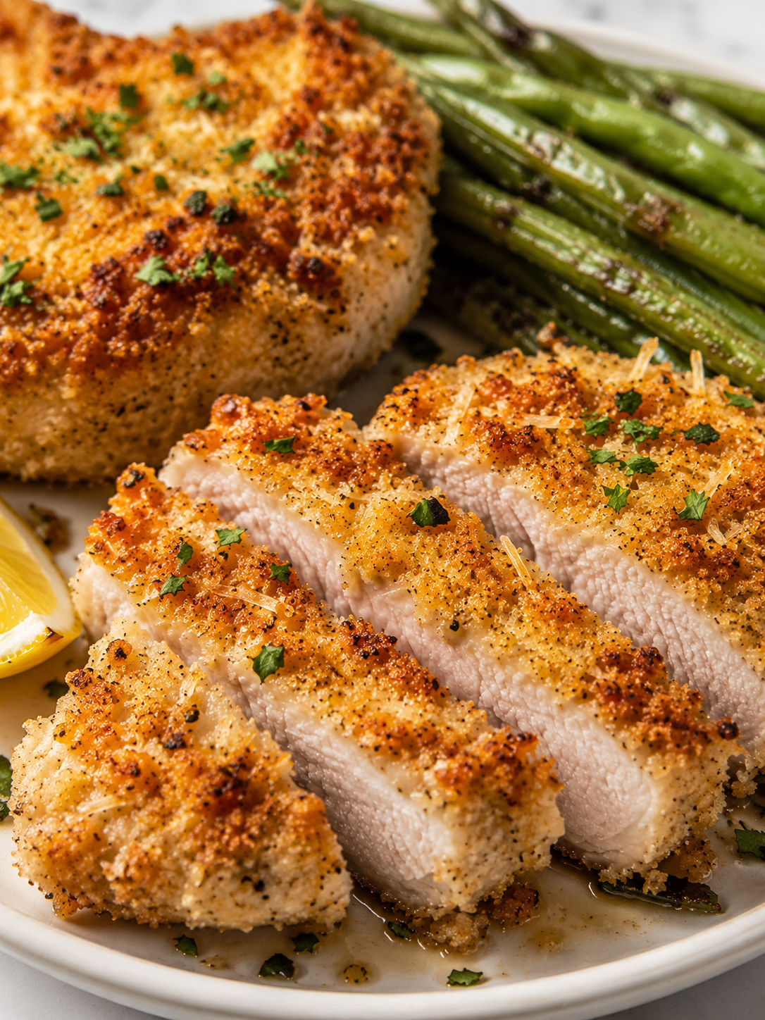Easy Parmesan Baked Pork Chops, plated and served