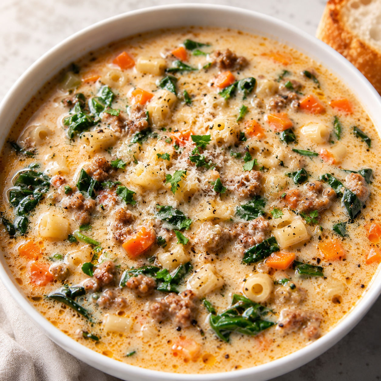 Creamy Parmesan sausage soup with pasta, spinach, and grated cheese