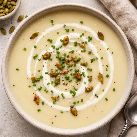 Creamy parsnip and leek soup with chives and toasted pumpkin seeds