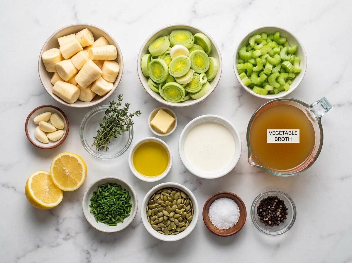 Parsnips, leeks, cream, herbs, and soup ingredients on a kitchen surface