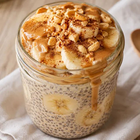 Peanut butter banana chia pudding with banana slices and chopped peanuts