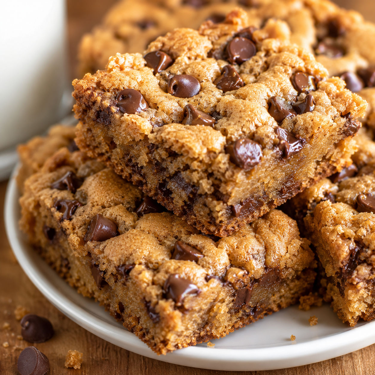 Peanut butter chocolate chip cookie bars stacked on a white plate