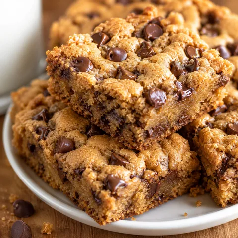 Peanut butter chocolate chip cookie bars stacked on a white plate