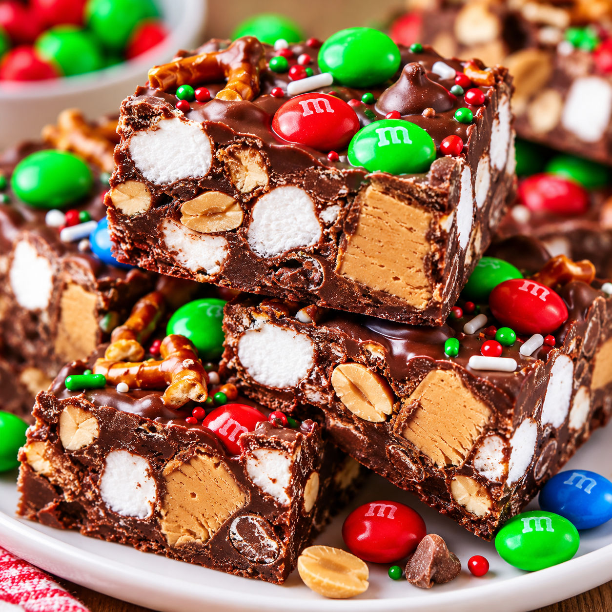 Peanut butter rocky road bars with M&Ms, marshmallows, and pretzels