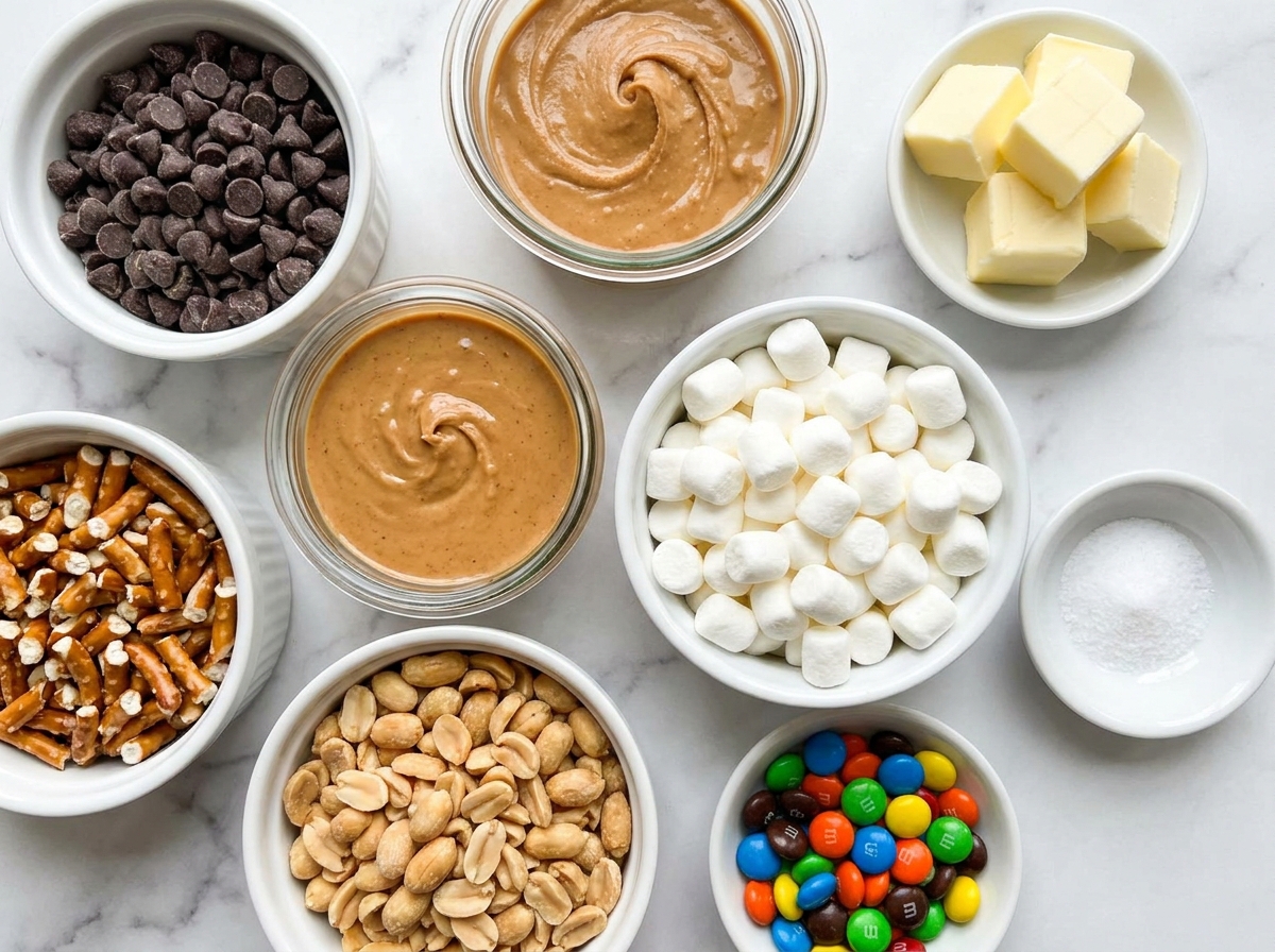 Ingredients for peanut butter rocky road bars with M&Ms on a counter