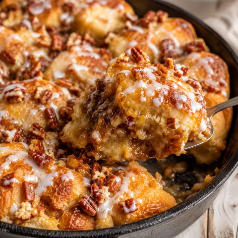 Golden pecan pie bubble up with glaze and chopped pecans in a baking dish