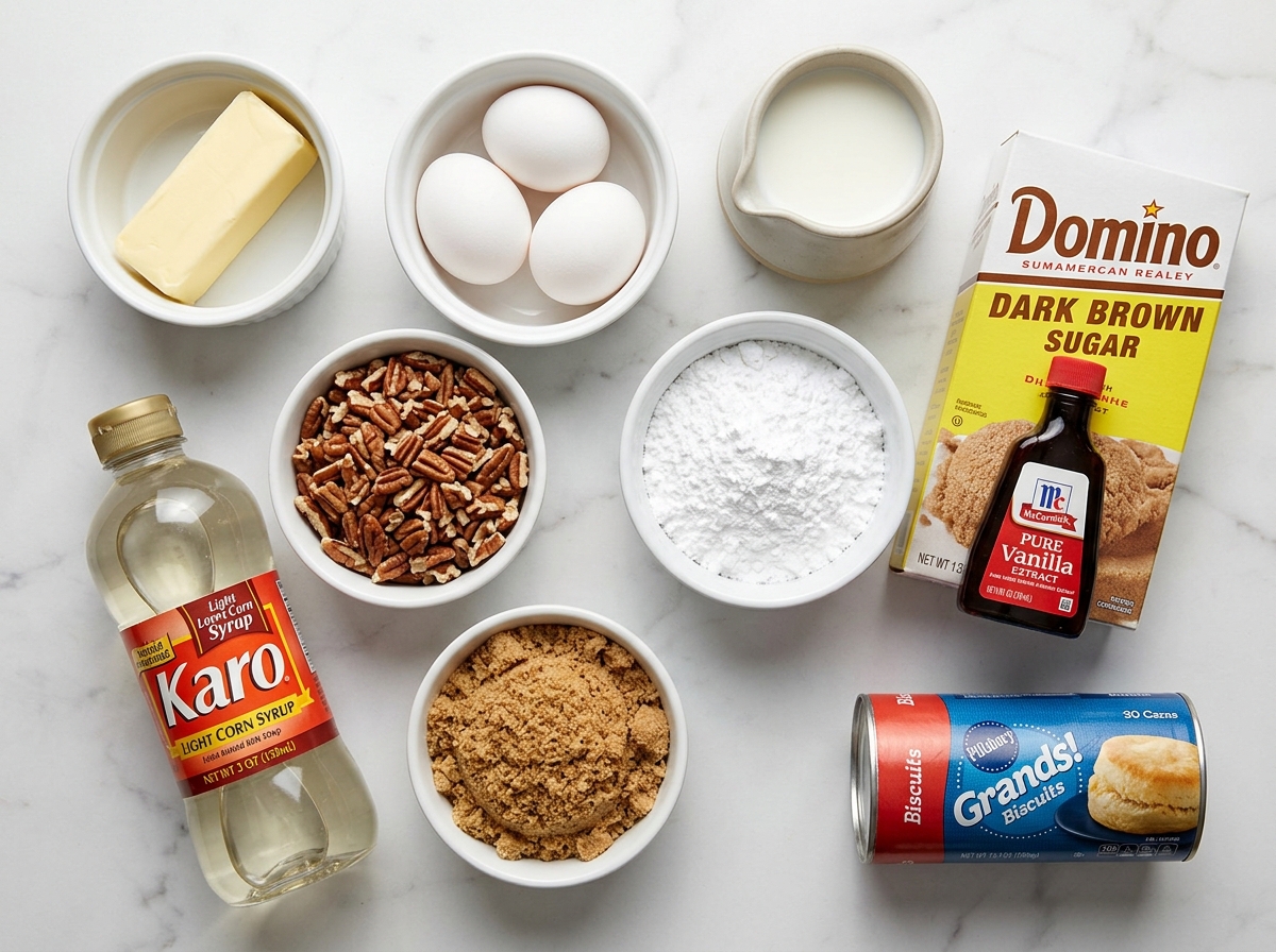 Raw ingredients for pecan pie bubble up arranged on a wooden counter
