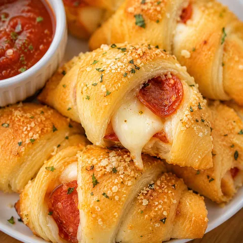 Golden pepperoni crescent rolls with melted mozzarella and marinara