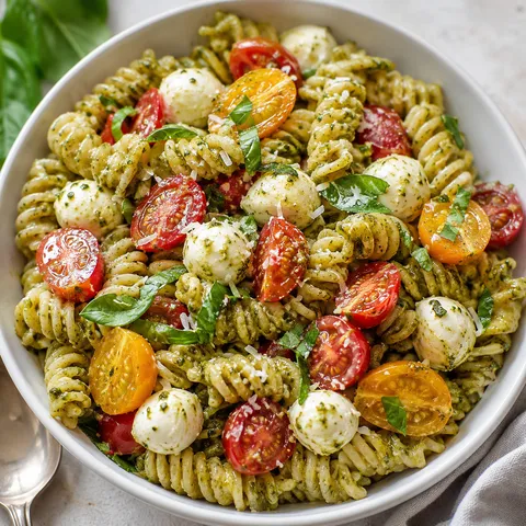 Pesto pasta salad with cherry tomatoes, mozzarella, and basil in a white bowl