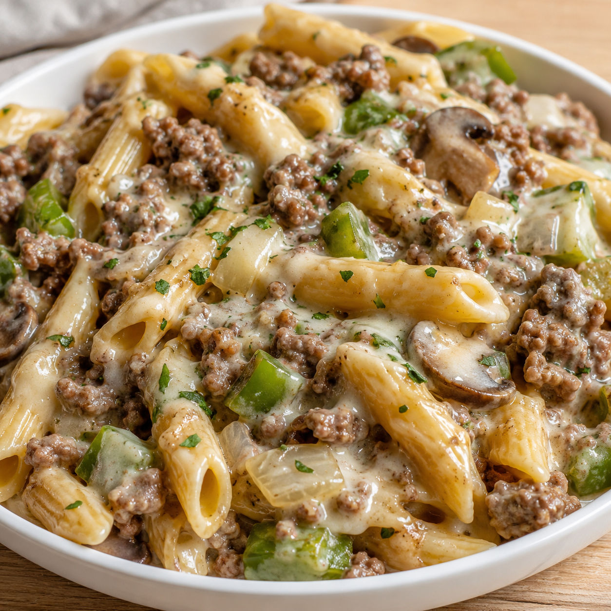Creamy Philly cheesesteak pasta with beef, peppers, mushrooms, and provolone