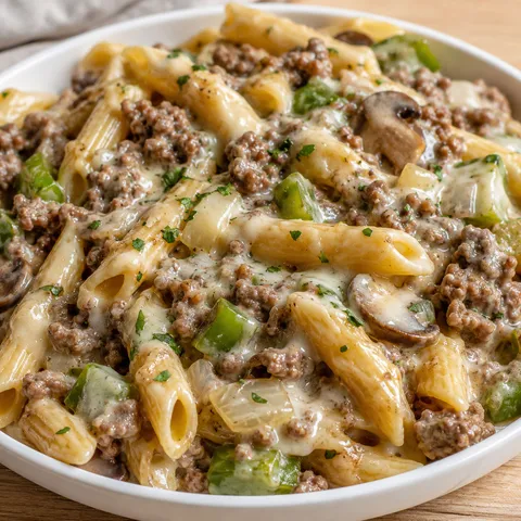 Creamy Philly cheesesteak pasta with beef, peppers, mushrooms, and provolone