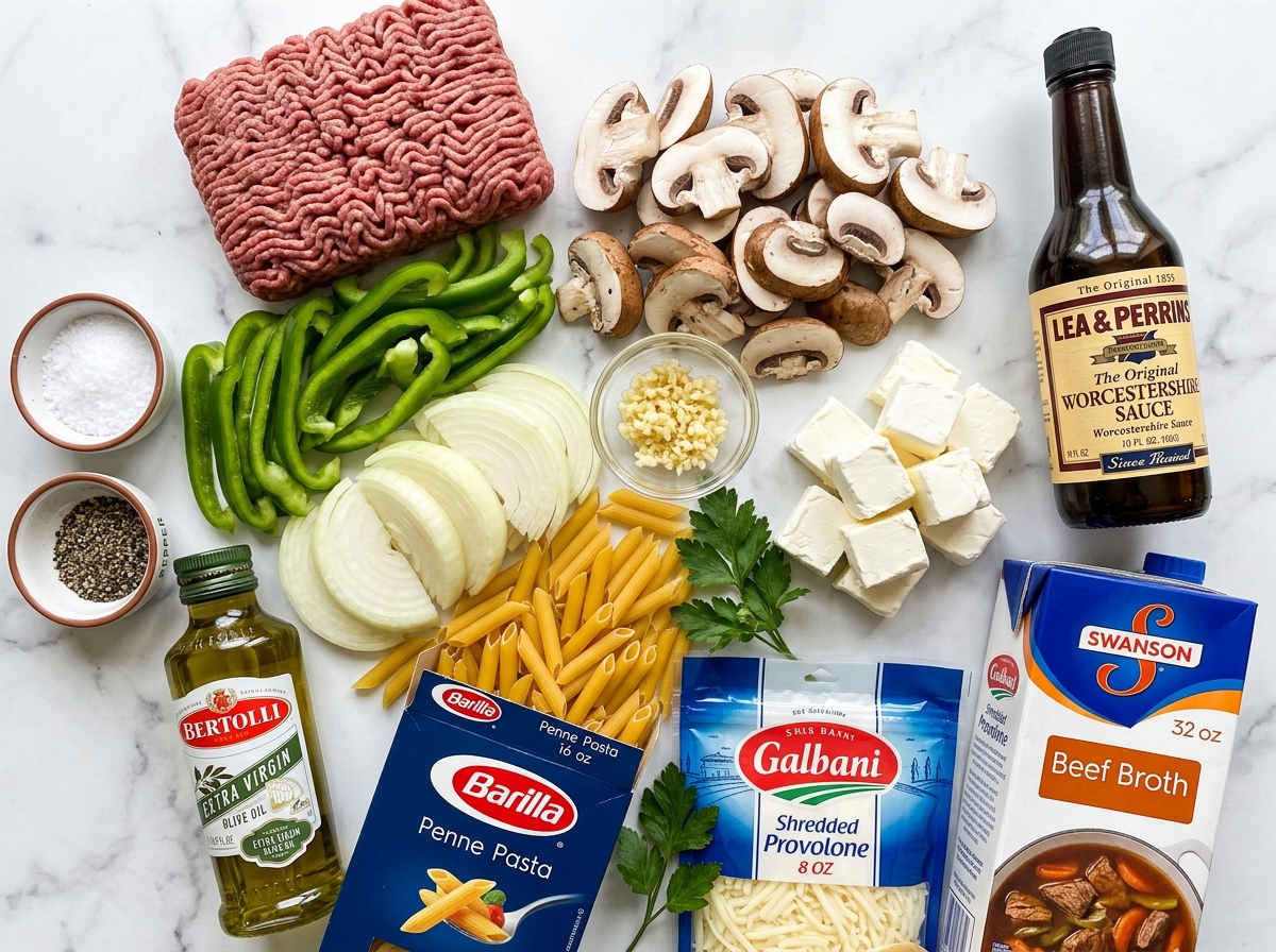 Ingredients for Philly cheesesteak pasta with beef, peppers, pasta, and cheese