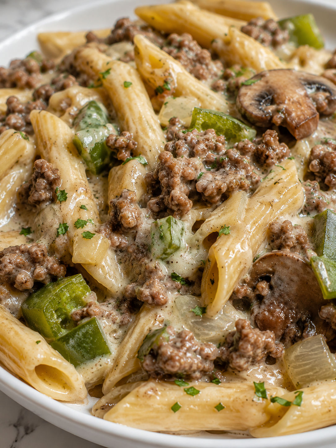 Easy Philly Cheesesteak Pasta, plated and served