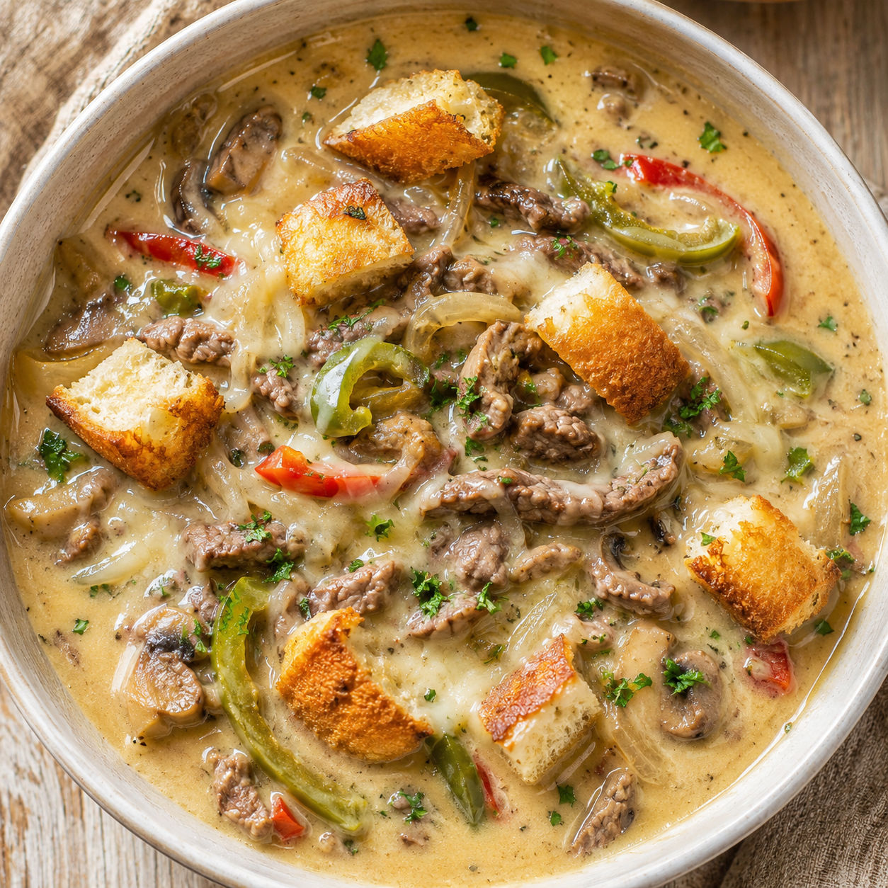Creamy Philly cheesesteak soup with steak, peppers, cheese, and croutons