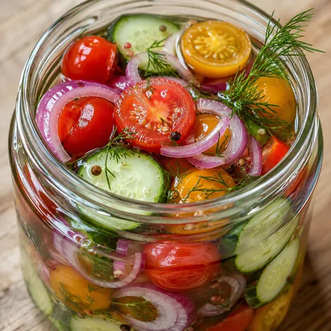 Jar of pickled cherry tomatoes, red onions, and cucumbers with dill