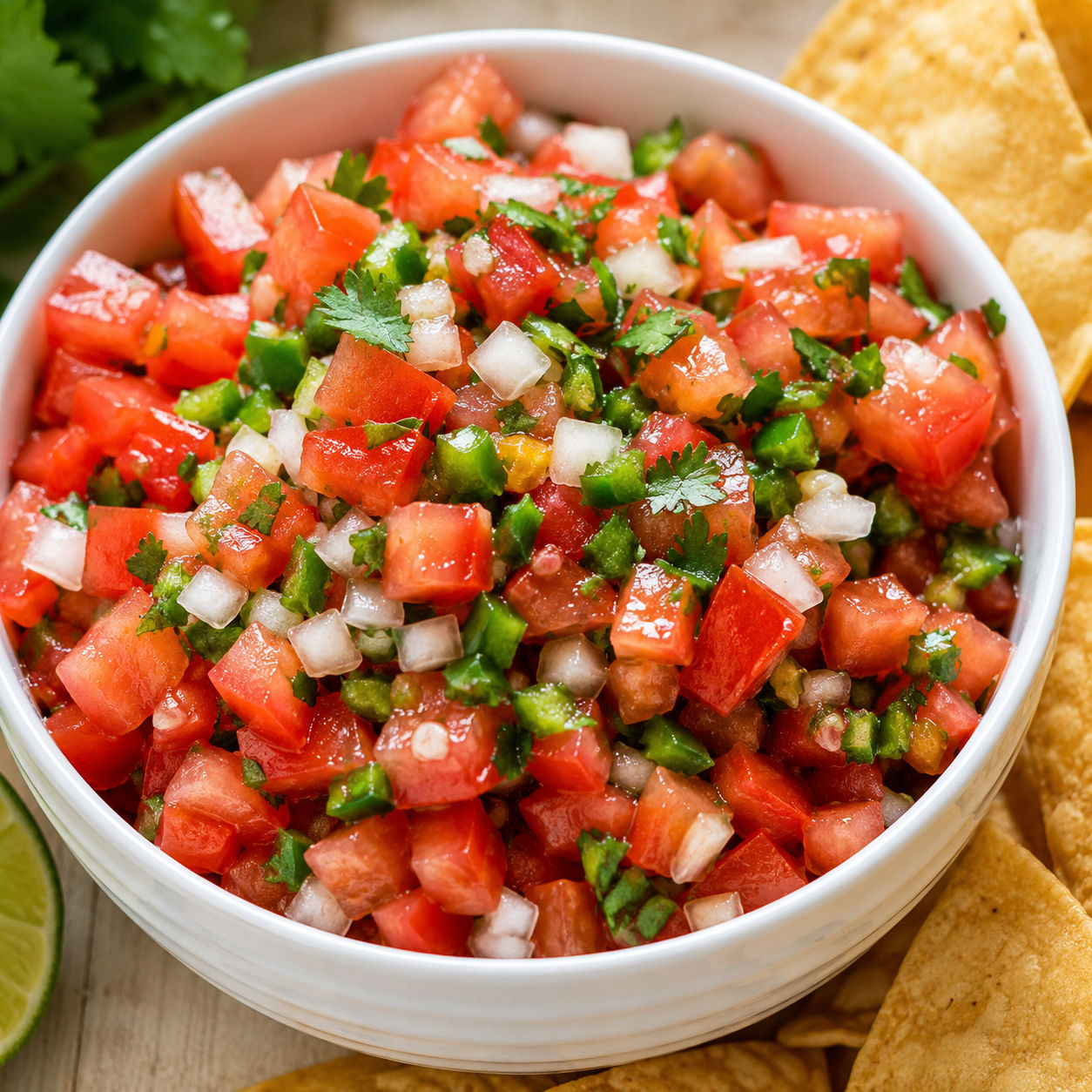 Easy pico de gallo with tomatoes, cilantro, jalapeno, and tortilla chips