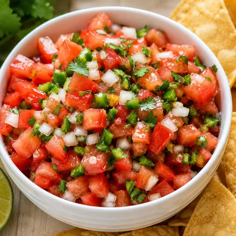 Easy pico de gallo with tomatoes, cilantro, jalapeno, and tortilla chips