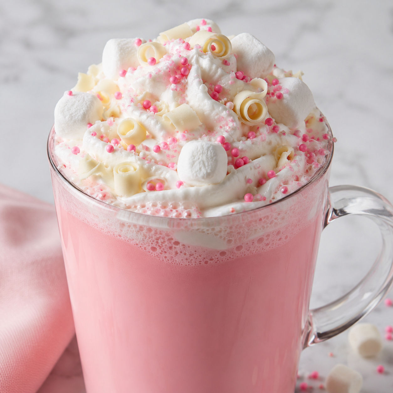 Pink hot chocolate with whipped cream, marshmallows, and sprinkles