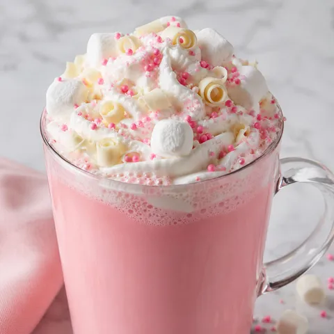 Pink hot chocolate with whipped cream, marshmallows, and sprinkles