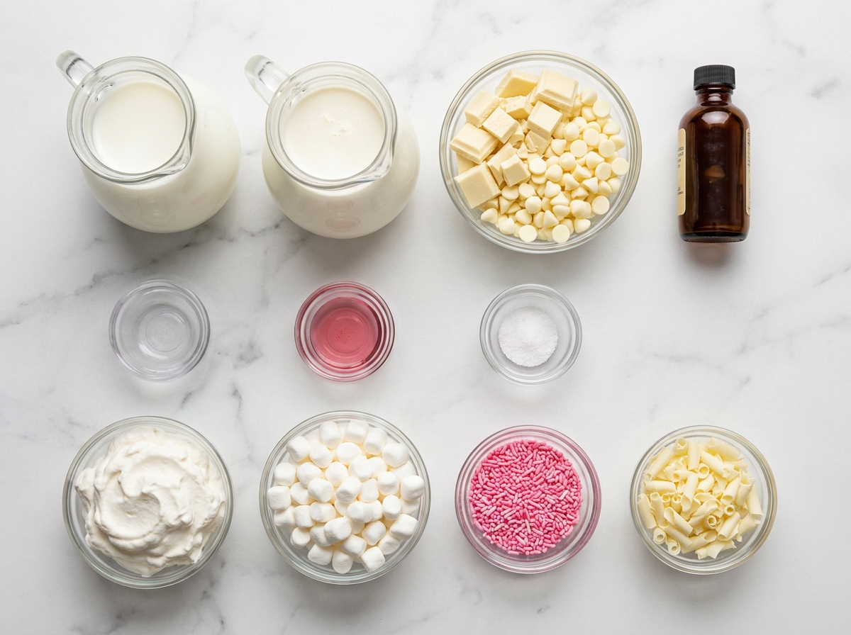 Ingredients for pink hot chocolate with milk, cream, white chocolate, and toppings