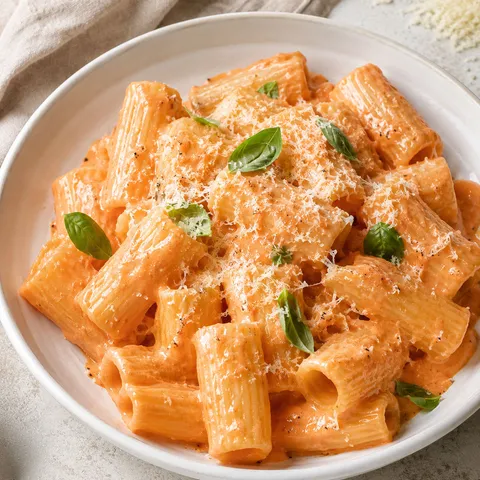 Pink sauce rigatoni with parmesan and basil in a shallow white bowl