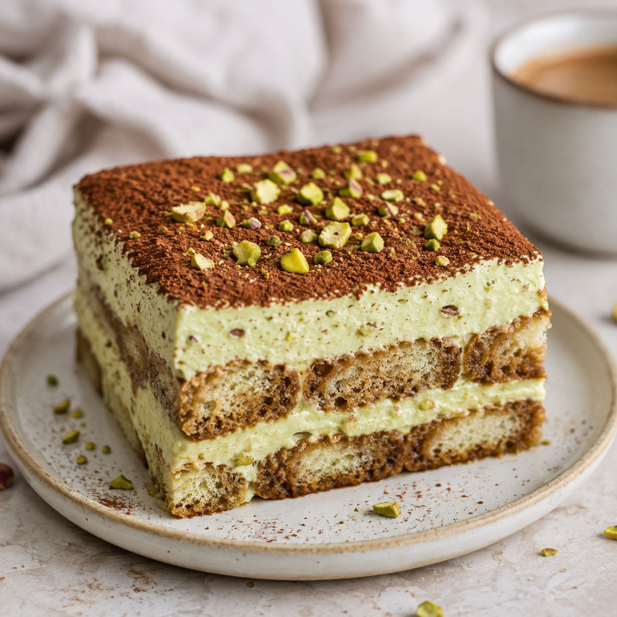 Pistachio tiramisu slice with cocoa and chopped pistachios