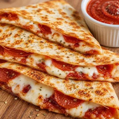 Pizza quesadilla wedges with melted mozzarella, pepperoni, and marinara