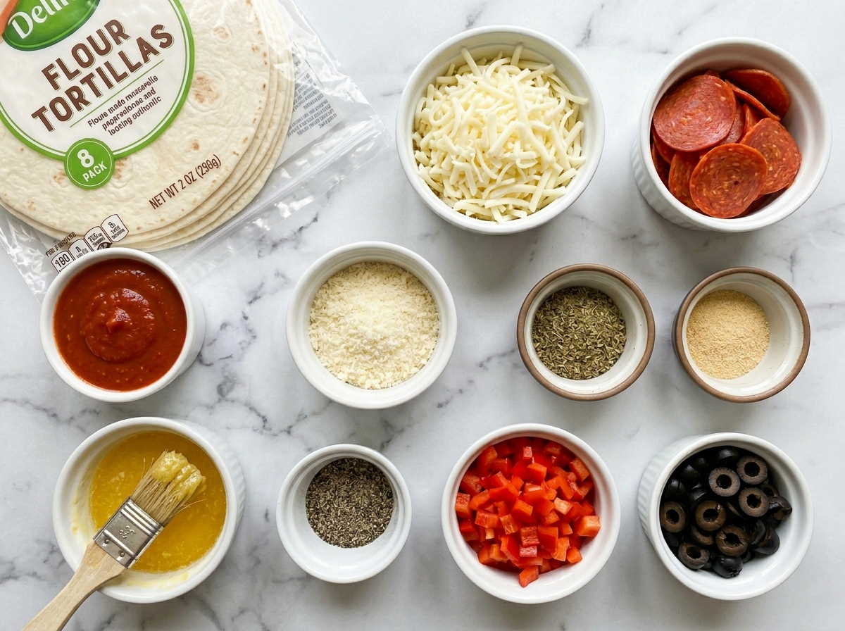 Ingredients for pizza quesadillas with tortillas, cheese, pepperoni, and sauce