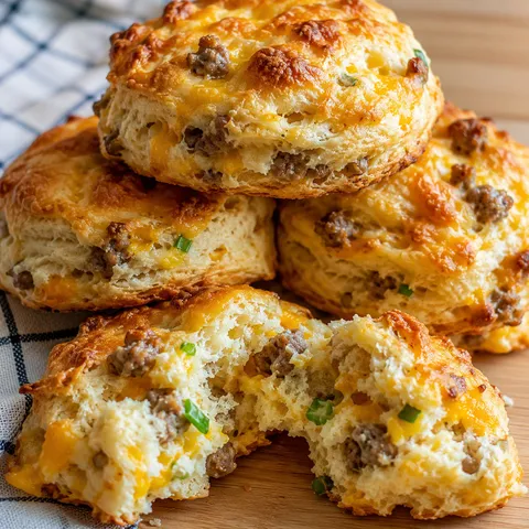 Golden savory breakfast biscuits with sausage, cheddar, and egg stacked on a wooden board